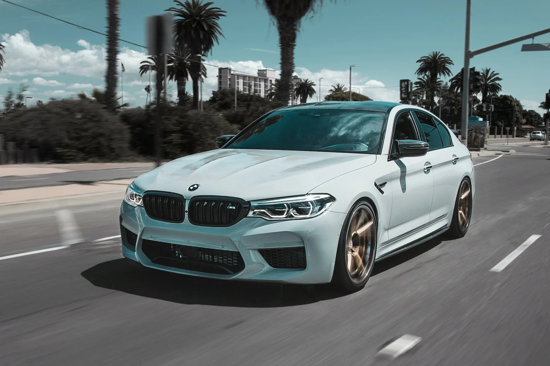 BMW M5 Driving with Palm Beaches In The Background